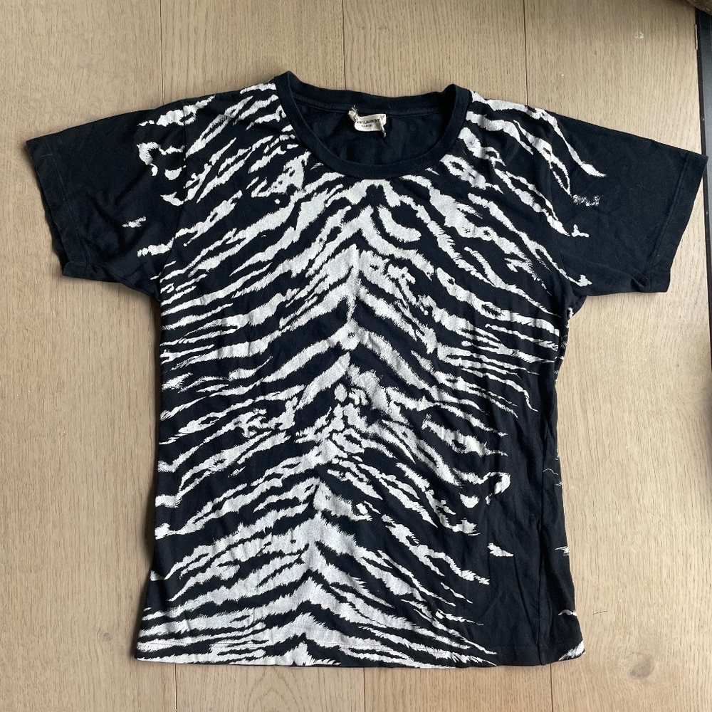 Saint Laurent Black & White Animal Print Tshirt, S Small, Womens Short Sleeve
